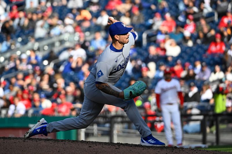 Apr 9, 2025; Washington, District of Columbia, USA; Los Angeles Dodgers pitcher Anthony Banda (43) throws to the Washington Nationals during the fifth inning at Nationals Park. Mandatory Credit: Brad Mills-Imagn Images