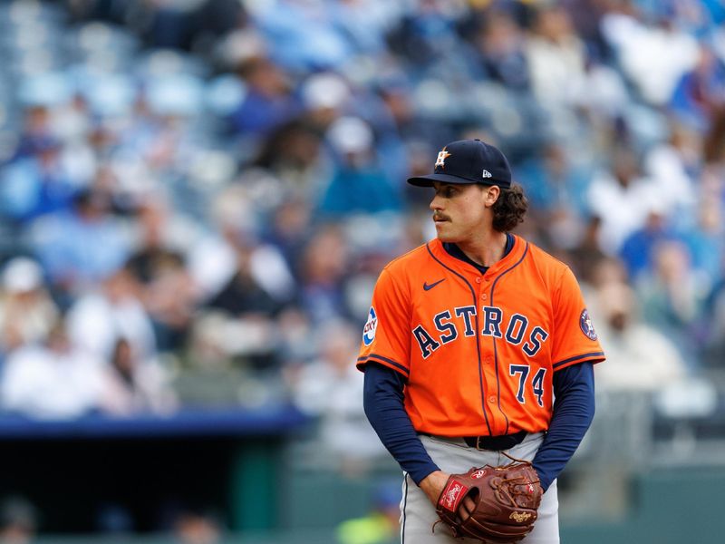 Apr 27, 2025; Kansas City, Missouri, USA; Houston Astros pitcher Bryan King (74) on the mound during the eighth inning against the Kansas City Royals at Kauffman Stadium. Mandatory Credit: William Purnell-Imagn Images