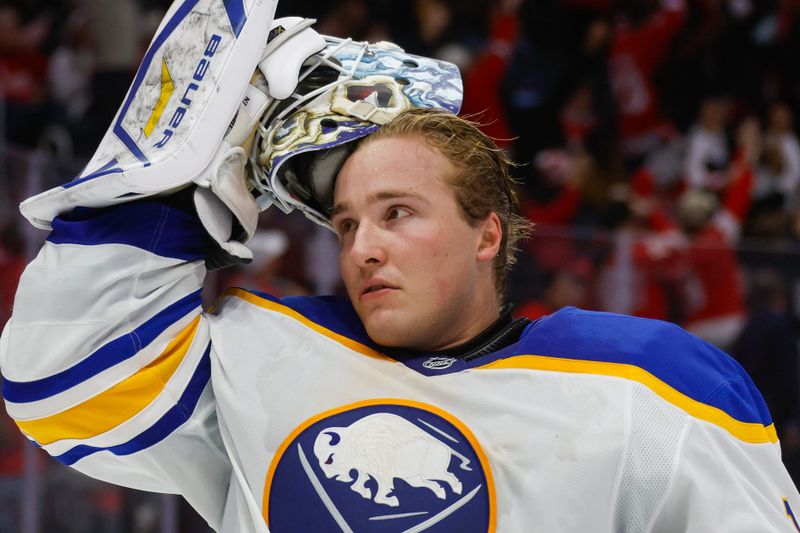 Nov 2, 2024; Detroit, Michigan, USA; Buffalo Sabres goaltender Ukko-Pekka Luukkonen (1) looks on during the second period of the game against the Detroit Red Wings at Little Caesars Arena. Mandatory Credit: Brian Bradshaw Sevald-Imagn Images