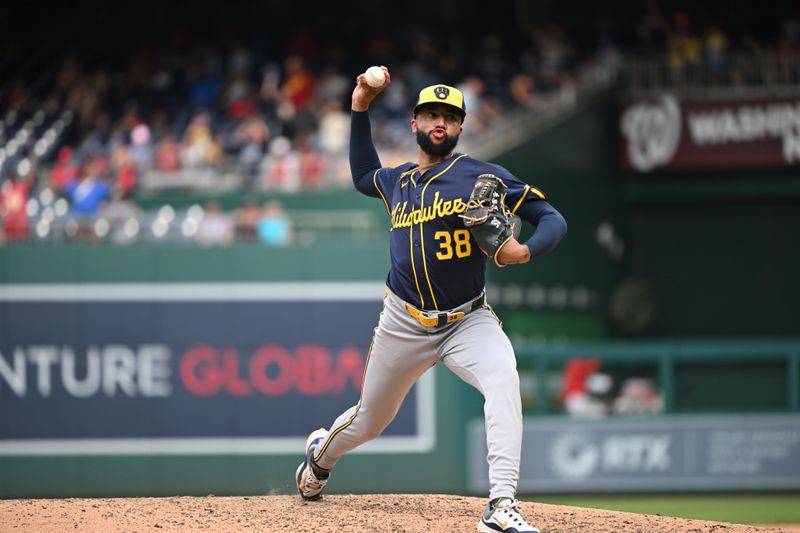 Aug 4, 2024; Washington, District of Columbia, USA; Milwaukee Brewers relief pitcher Devin Williams (38) throws a pitch against the Washington Nationals during the eighth inning at Nationals Park. Mandatory Credit: Rafael Suanes-USA TODAY Sports