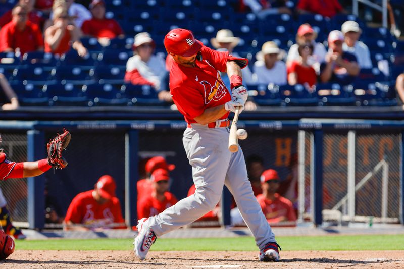 Feb 28, 2023; West Palm Beach, Florida, USA; St. Louis Cardinals first baseman Paul Goldschmidt (46) hits a single during the fifth inning against the Washington Nationals at The Ballpark of the Palm Beaches. Mandatory Credit: Sam Navarro-USA TODAY Sports