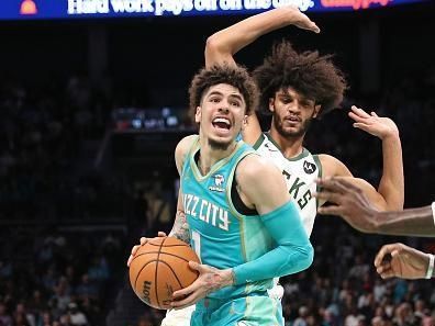 CHARLOTTE, NC - NOVEMBER 17: LaMelo Ball #1 of the Charlotte Hornets drives to the basket during the game against the Milwaukee Bucks during the In-Season Tournament on November 17, 2023 at Spectrum Center in Charlotte, North Carolina. NOTE TO USER: User expressly acknowledges and agrees that, by downloading and or using this photograph, User is consenting to the terms and conditions of the Getty Images License Agreement.  Mandatory Copyright Notice:  Copyright 2023 NBAE (Photo by Brock Williams-Smith/NBAE via Getty Images)