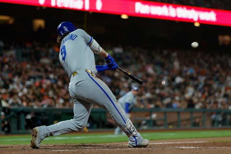 May 19, 2025; San Francisco, California, USA; Kansas City Royals first baseman Vinnie Pasquantino (9) hits a two run home run during the eighth inning against the San Francisco Giants at Oracle Park. Mandatory Credit: Sergio Estrada-Imagn Images