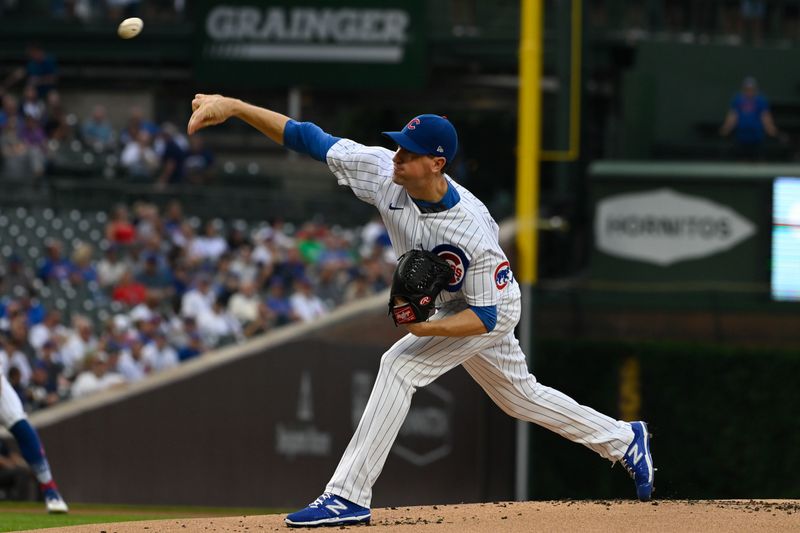 Jul 19, 2023; Chicago, Illinois, USA;  Chicago Cubs starting pitcher Kyle Hendricks (28) delivers against the Washington Nationals during the first inning at Wrigley Field. Mandatory Credit: Matt Marton-USA TODAY Sports