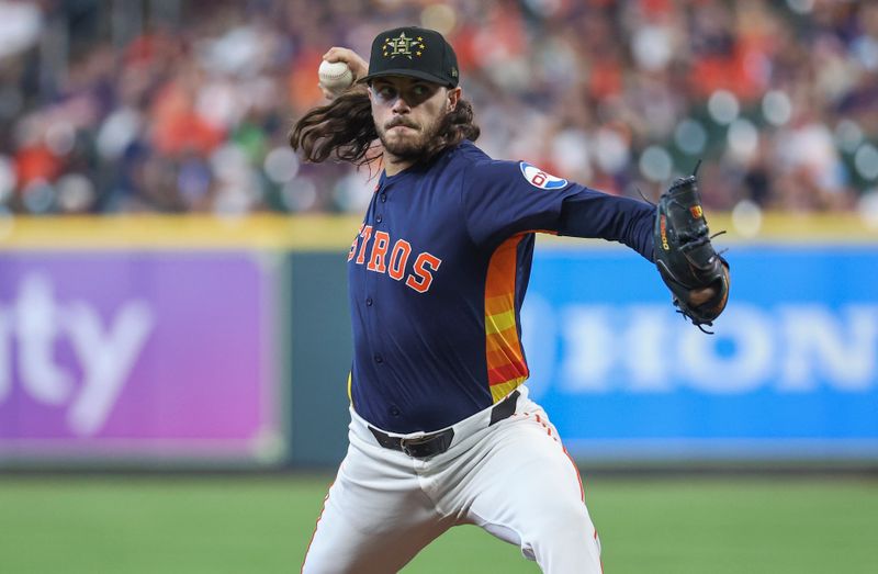 May 19, 2024; Houston, Texas, USA; Houston Astros starting pitcher Spencer Arrighetti (41) delivers a pitch during the second inning against the Milwaukee Brewers at Minute Maid Park. Mandatory Credit: Troy Taormina-USA TODAY Sports