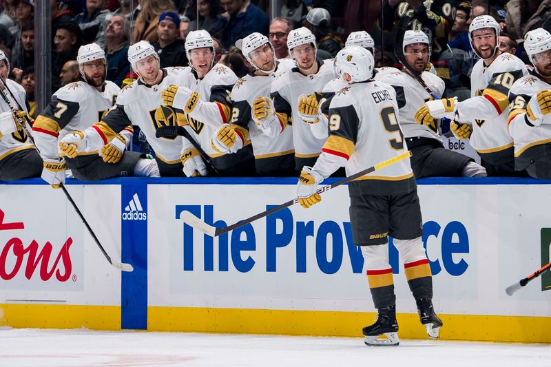 Nov 30, 2023; Vancouver, British Columbia, CAN; Vegas Golden Knights forward Jack Eichel (9) celebrates his goal against the Vancouver Canucks in the first period at Rogers Arena. Mandatory Credit: Bob Frid-USA TODAY Sports