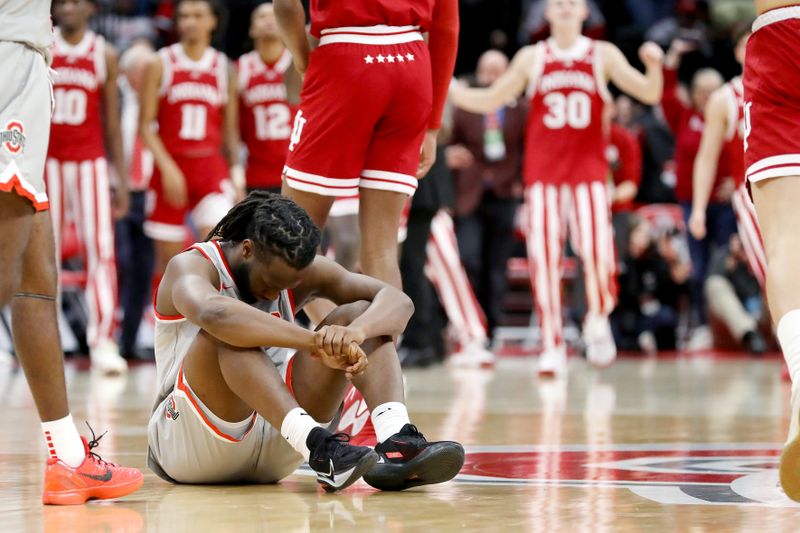 Feb 6, 2024; Columbus, Ohio, USA; Ohio State Buckeyes guard Bruce Thornton (2) reacts during the second half against the Indiana Hoosiers at Value City Arena. Mandatory Credit: Joseph Maiorana-USA TODAY Sports