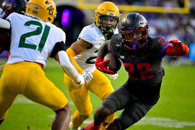 Nov 18, 2023; Fort Worth, Texas, USA; TCU Horned Frogs wide receiver Major Everhart (22) runs for a first down against the Baylor Bears during the second half at Amon G. Carter Stadium. Mandatory Credit: Jerome Miron-USA TODAY Sports