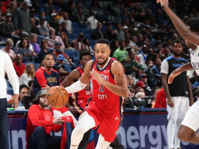 NEW ORLEANS, LA - JANUARY 29: CJ McCollum #3 of the New Orleans Pelicans drives to the basket during the game against the Dallas Mavericks on January 29, 2025 at the Smoothie King Center in New Orleans, Louisiana. NOTE TO USER: User expressly acknowledges and agrees that, by downloading and or using this Photograph, user is consenting to the terms and conditions of the Getty Images License Agreement. Mandatory Copyright Notice: Copyright 2025 NBAE (Photo by Layne Murdoch Jr./NBAE via Getty Images)