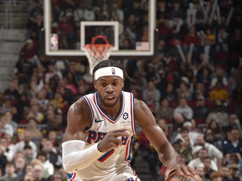 CLEVELAND, OH - FEBRUARY 12: Buddy Heild #17 of the Philadelphia 76ers drives to the basket during the game against the Cleveland Cavaliers on February 12, 2024 at Rocket Mortgage FieldHouse in Cleveland, Ohio. NOTE TO USER: User expressly acknowledges and agrees that, by downloading and/or using this Photograph, user is consenting to the terms and conditions of the Getty Images License Agreement. Mandatory Copyright Notice: Copyright 2024 NBAE (Photo by David Liam Kyle/NBAE via Getty Images)