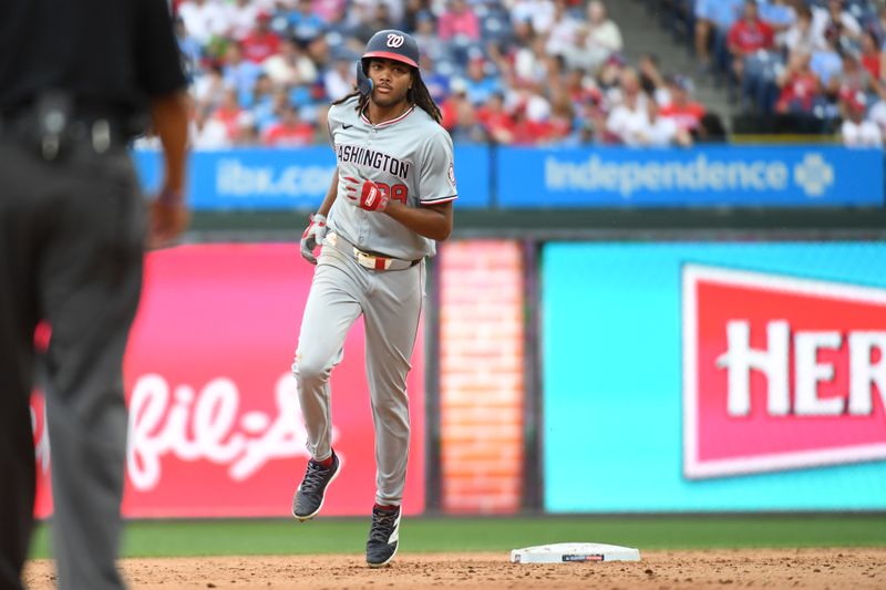 Aug 18, 2024; Philadelphia, Pennsylvania, USA; Washington Nationals outfielder James Wood (29) runs the bases after hitting a home run during the ninth inning against the Philadelphia Phillies at Citizens Bank Park. Mandatory Credit: Eric Hartline-USA TODAY Sports