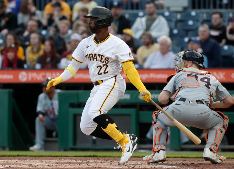 Apr 8, 2024; Pittsburgh, Pennsylvania, USA;  Pittsburgh Pirates designated hitter Andrew McCutchen (22) hits a single against the Detroit Tigers during the second inning at PNC Park. Mandatory Credit: Charles LeClaire-USA TODAY Sports