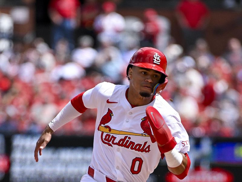 Apr 24, 2024; St. Louis, Missouri, USA;  St. Louis Cardinals shortstop Masyn Winn (0) runs and scores against the Arizona Diamondbacks during the seventh inning at Busch Stadium. Mandatory Credit: Jeff Curry-USA TODAY Sports