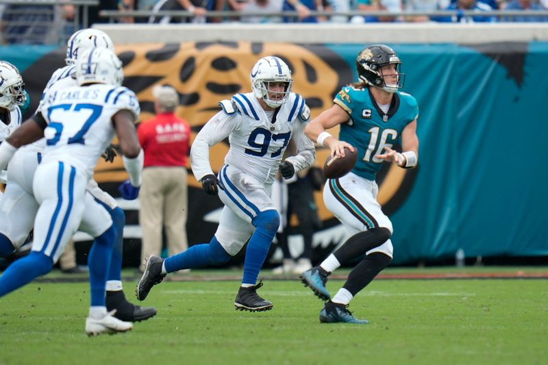 Jacksonville Jaguars quarterback Trevor Lawrence (16) throws during the second half of an NFL football game against the Indianapolis Colts, Sunday, Oct. 6, 2024, in Jacksonville, Fla. (AP Photo/John Raoux)