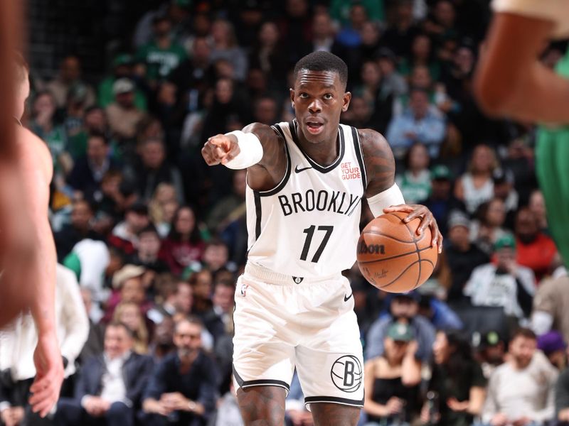 BROOKLYN, NY - NOVEMBER 13: Dennis Schroder #17 of the Brooklyn Nets dribbles the ball during the game against the Boston Celtics on November 13, 2024 at Barclays Center in Brooklyn, New York. NOTE TO USER: User expressly acknowledges and agrees that, by downloading and or using this Photograph, user is consenting to the terms and conditions of the Getty Images License Agreement. Mandatory Copyright Notice: Copyright 2024 NBAE (Photo by Jeff Haynes/NBAE via Getty Images)