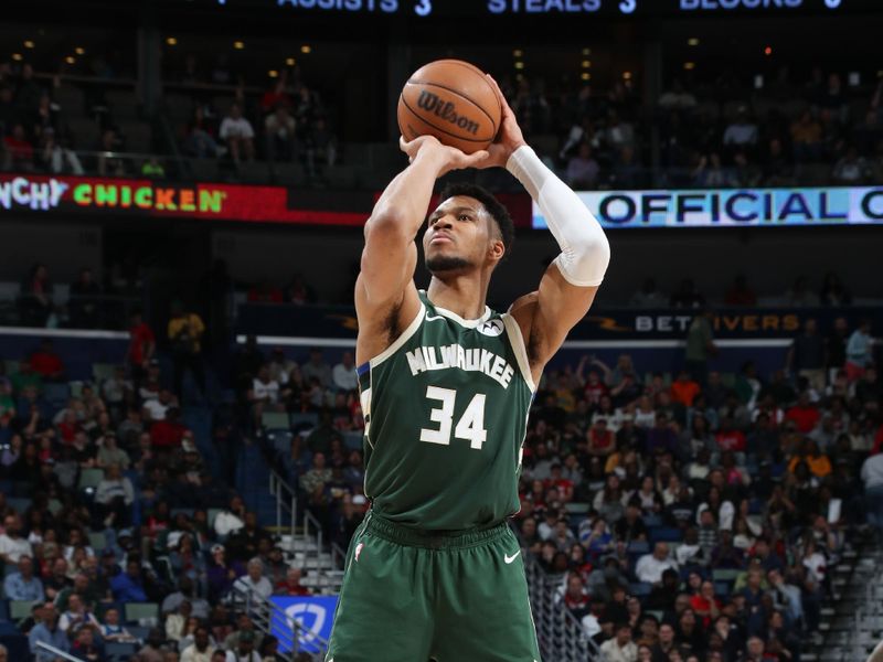 NEW ORLEANS, LA - MARCH 28: Giannis Antetokounmpo #34 of the Milwaukee Bucks shoots a free throw during the game on March 28, 2024 at the Smoothie King Center in New Orleans, Louisiana. NOTE TO USER: User expressly acknowledges and agrees that, by downloading and or using this Photograph, user is consenting to the terms and conditions of the Getty Images License Agreement. Mandatory Copyright Notice: Copyright 2024 NBAE (Photo by Layne Murdoch Jr./NBAE via Getty Images)