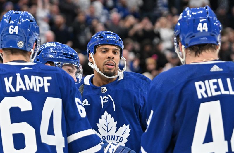 Feb 27, 2024; Toronto, Ontario, CAN;  Toronto Maple Leafs forward Ryan Reaves (75) celebrates with team mates after scoring a goal against the Vegas Golden Knights in the third period at Scotiabank Arena. Mandatory Credit: Dan Hamilton-USA TODAY Sports