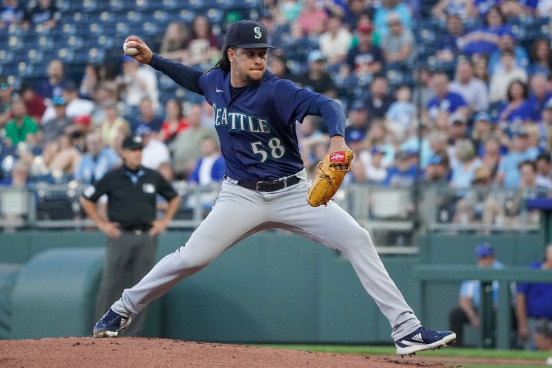 Aug 16, 2023; Kansas City, Missouri, USA; Seattle Mariners starting pitcher Luis Castillo (58) delivers a pitch against the Kansas City Royals in the first inning at Kauffman Stadium. Mandatory Credit: Denny Medley-USA TODAY Sports