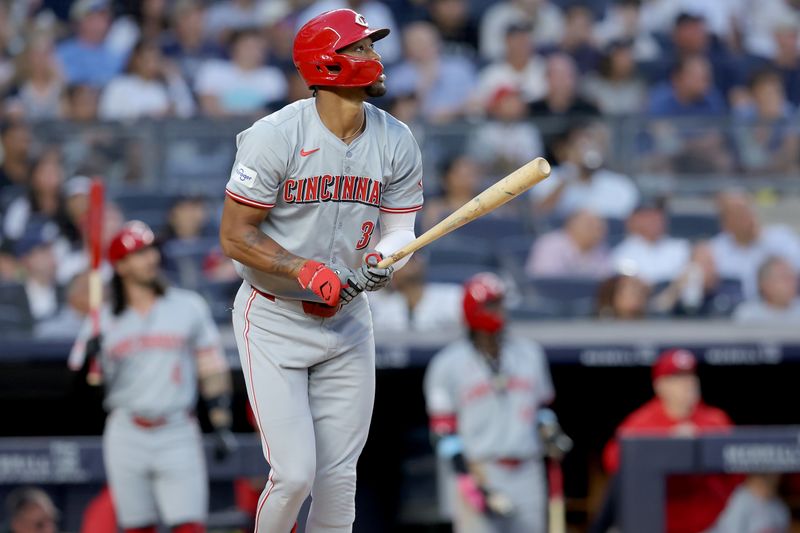 Jul 2, 2024; Bronx, New York, USA; Cincinnati Reds right fielder Will Benson (30) watches his two run home run against the New York Yankees during the fifth inning at Yankee Stadium. Mandatory Credit: Brad Penner-USA TODAY Sports