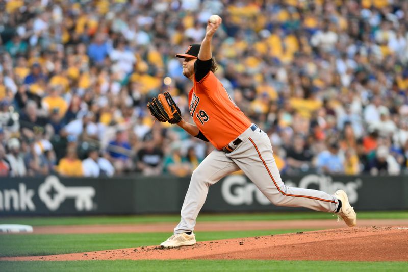 Aug 12, 2023; Seattle, Washington, USA; Baltimore Orioles starting pitcher Cole Irvin (19) pitches to the Seattle Mariners during the second inning at T-Mobile Park. Mandatory Credit: Steven Bisig-USA TODAY Sports