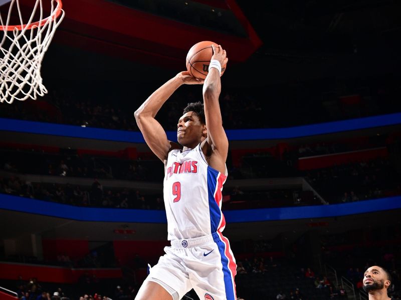 DETROIT, MI - MARCH 7: (EDITORS NOTE: Sequence 1 of 2) Ausar Thompson #9 of the Detroit Pistons dunks the ball during the game against the Brooklyn Nets on March 7, 2024 at Little Caesars Arena in Detroit, Michigan. NOTE TO USER: User expressly acknowledges and agrees that, by downloading and/or using this photograph, User is consenting to the terms and conditions of the Getty Images License Agreement. Mandatory Copyright Notice: Copyright 2024 NBAE (Photo by Chris Schwegler/NBAE via Getty Images)