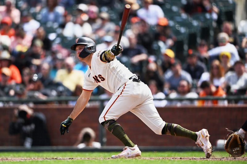 May 21, 2023; San Francisco, California, USA; San Francisco Giants infielder Casey Schmitt (6) bats against the Miami Marlins during the eighth inning at Oracle Park. Mandatory Credit: Robert Edwards-USA TODAY Sports