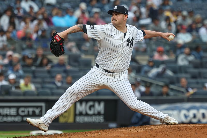 May 4, 2025; Bronx, New York, USA; New York Yankees relief pitcher Tyler Matzek (68) delivers a pitch during the fifth inning against the Tampa Bay Rays at Yankee Stadium. Mandatory Credit: Vincent Carchietta-Imagn Images