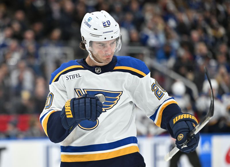 Jan 3, 2023; Toronto, Ontario, CAN;   St. Louis Blues forward Brandon Saad (20) celebrates after scoring against the Toronto Maple Leafs it the second period at Scotiabank Arena. Mandatory Credit: Dan Hamilton-USA TODAY Sports