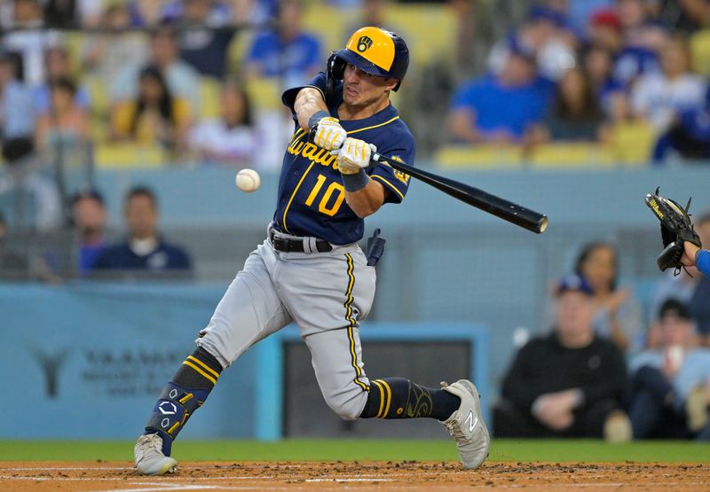 Aug 17, 2023; Los Angeles, California, USA;  Milwaukee Brewers outfielder Sal Frelick (10) singles in the second inning against the Milwaukee Brewers at Dodger Stadium. Mandatory Credit: Jayne Kamin-Oncea-USA TODAY Sports