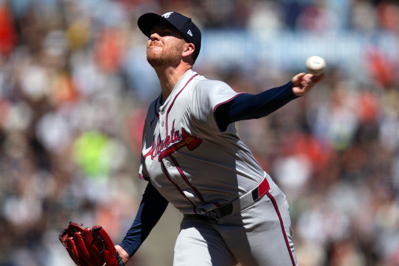Aug 15, 2024; San Francisco, California, USA; Atlanta Braves pitcher Aaron Bummer (49) delivers against the San Francisco Giants during the seventh inning at Oracle Park. Mandatory Credit: D. Ross Cameron-USA TODAY Sports