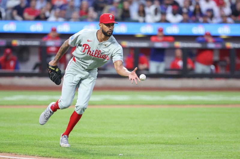 Apr 22, 2025; New York City, New York, USA;  Philadelphia Phillies starting pitcher Cristopher Sánchez (61) flips the ball to first base in the first inning New York Mets at Citi Field. Mandatory Credit: Wendell Cruz-Imagn Images