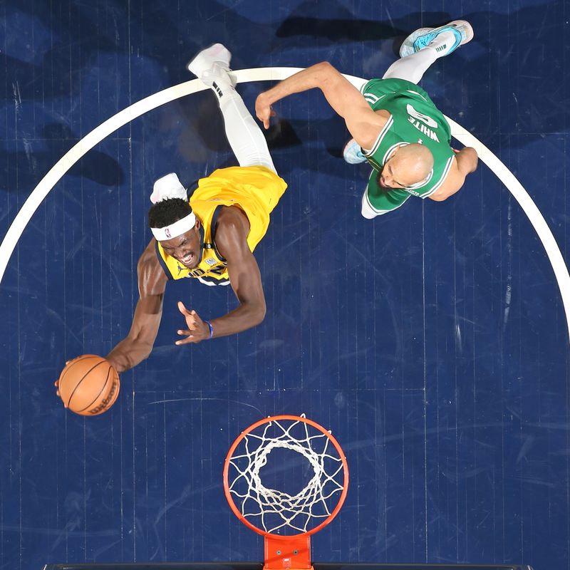 INDIANAPOLIS, IN - MAY 27: Pascal Siakam #43 of the Indiana Pacers drives to the basket during the game against the Boston Celtics during Game 4 of the Eastern Conference Finals of the 2024 NBA Playoffs on May 27, 2024 at Gainbridge Fieldhouse in Indianapolis, Indiana. NOTE TO USER: User expressly acknowledges and agrees that, by downloading and or using this Photograph, user is consenting to the terms and conditions of the Getty Images License Agreement. Mandatory Copyright Notice: Copyright 2024 NBAE (Photo by Nathaniel S. Butler/NBAE via Getty Images)