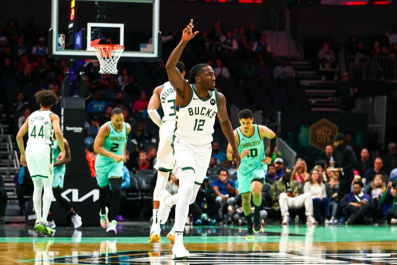 CHARLOTTE, NORTH CAROLINA - NOVEMBER 16: Taurean Prince #12 of the Milwaukee Bucks reacts after a basket during the first half of a basketball game against the Charlotte Hornets at Spectrum Center on November 16, 2024 in Charlotte, North Carolina. NOTE TO USER: User expressly acknowledges and agrees that, by downloading and or using this photograph, User is consenting to the terms and conditions of the Getty Images License Agreement. (Photo by David Jensen/Getty Images)