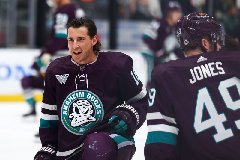 Mar 19, 2024; Anaheim, California, USA; Anaheim Ducks center Ryan Strome (16) reacts before a game against the Minnesota Wild at Honda Center. Mandatory Credit: Jessica Alcheh-USA TODAY Sports