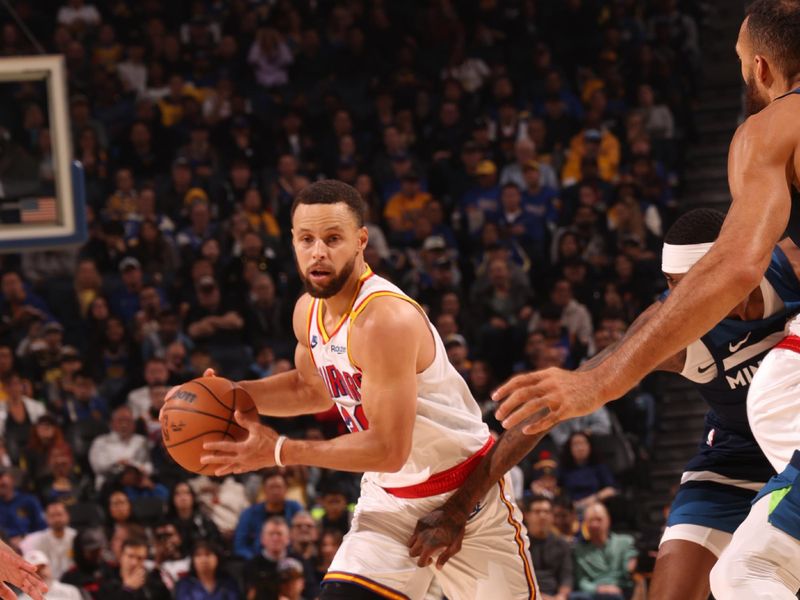 SAN FRANCISCO, CA - DECEMBER 8: Stephen Curry #30 of the Golden State Warriors dribbles the ball during the game against the Minnesota Timberwolves on October 22, 2024 at Chase Center in San Francisco, California. NOTE TO USER: User expressly acknowledges and agrees that, by downloading and or using this photograph, user is consenting to the terms and conditions of Getty Images License Agreement. Mandatory Copyright Notice: Copyright 2024 NBAE (Photo by Jed Jacobsohn/NBAE via Getty Images)