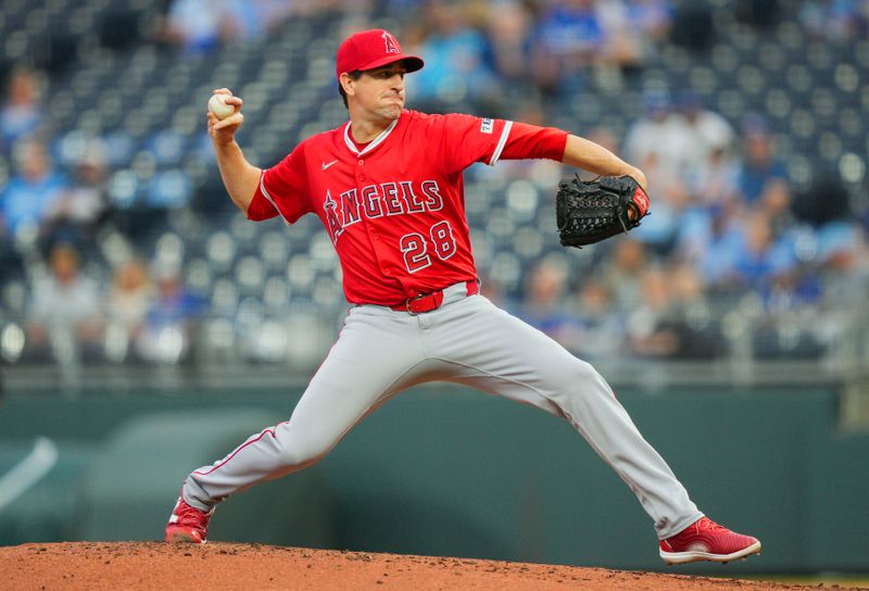 Sep 4, 2025; Kansas City, Missouri, USA; Los Angeles Angels starting pitcher Kyle Hendricks (28) pitches during the first inning against the Kansas City Royals at Kauffman Stadium. Mandatory Credit: Jay Biggerstaff-Imagn Images