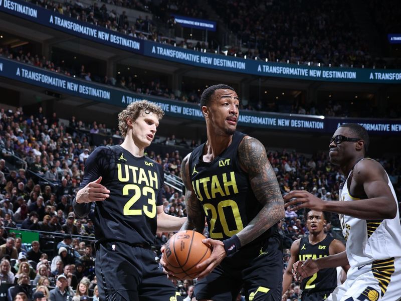 SALT LAKE CITY, UT - JANUARY 15: John Collins #20 of the Utah Jazz grabs a rebound during the game against the Indiana Pacers on January 15, 2024 at Delta Center in Salt Lake City, Utah. NOTE TO USER: User expressly acknowledges and agrees that, by downloading and or using this Photograph, User is consenting to the terms and conditions of the Getty Images License Agreement. Mandatory Copyright Notice: Copyright 2024 NBAE (Photo by Melissa Majchrzak/NBAE via Getty Images)