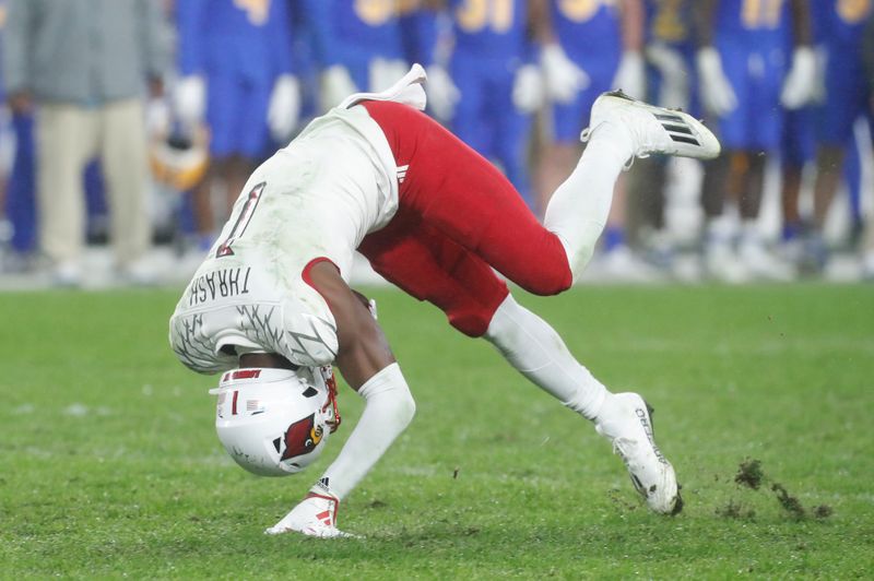 Oct 14, 2023; Pittsburgh, Pennsylvania, USA; Louisville Cardinals wide receiver Jamari Thrash (1) looses his footing after making a catch against the Pittsburgh Panthers during the third quarter at Acrisure Stadium. Pittsburgh won 38-21. Mandatory Credit: Charles LeClaire-USA TODAY Sports