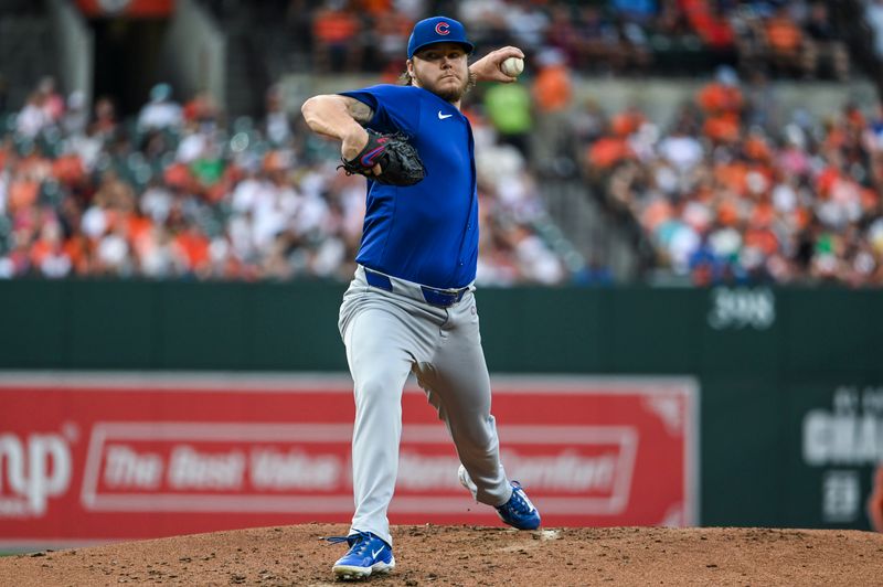 Jul 11, 2024; Baltimore, Maryland, USA; Chicago Cubs pitcher Justin Steele (35) throws a second inning pitch against the Baltimore Orioles  at Oriole Park at Camden Yards. Mandatory Credit: Tommy Gilligan-USA TODAY Sports