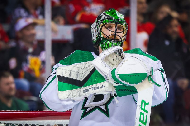 Nov 30, 2023; Calgary, Alberta, CAN; Dallas Stars goaltender Scott Wedgewood (41) reacts during the second period against the Calgary Flames at Scotiabank Saddledome. Mandatory Credit: Sergei Belski-USA TODAY Sports