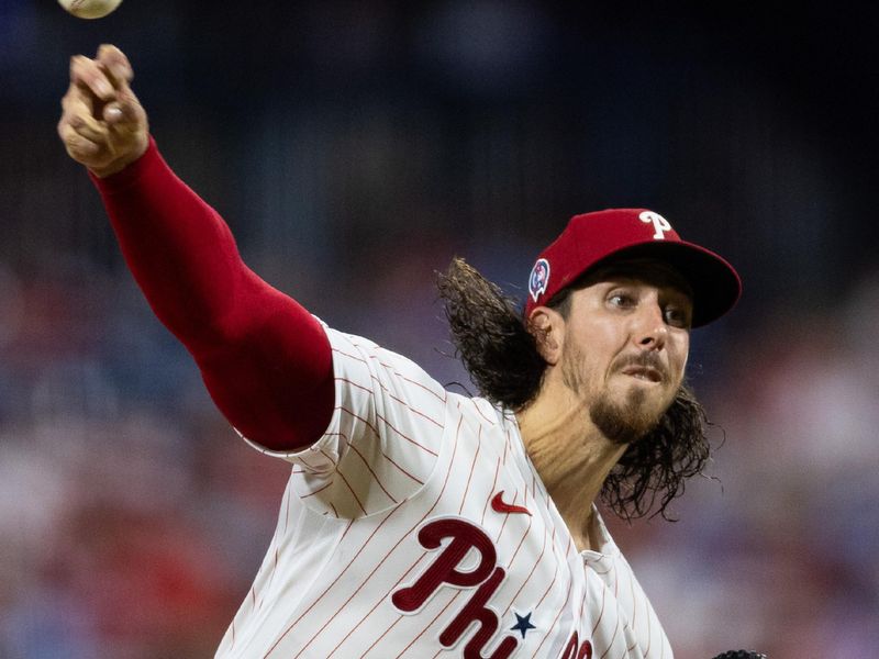 Sep 11, 2023; Philadelphia, Pennsylvania, USA; Philadelphia Phillies starting pitcher Michael Lorenzen (22) throws a pitch during the fifth inning against the Atlanta Braves at Citizens Bank Park. Mandatory Credit: Bill Streicher-USA TODAY Sports