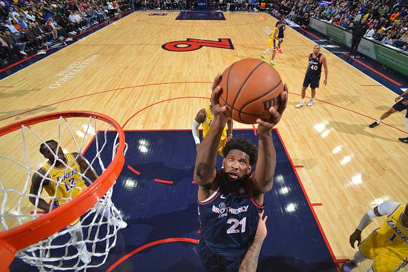 PHILADELPHIA, PA - NOVEMBER 27: Joel Embiid #21 of the Philadelphia 76ers shoots the ball during the game against the Los Angeles Lakers on November 27, 2023 at the Wells Fargo Center in Philadelphia, Pennsylvania NOTE TO USER: User expressly acknowledges and agrees that, by downloading and/or using this Photograph, user is consenting to the terms and conditions of the Getty Images License Agreement. Mandatory Copyright Notice: Copyright 2023 NBAE (Photo by Jesse D. Garrabrant/NBAE via Getty Images)