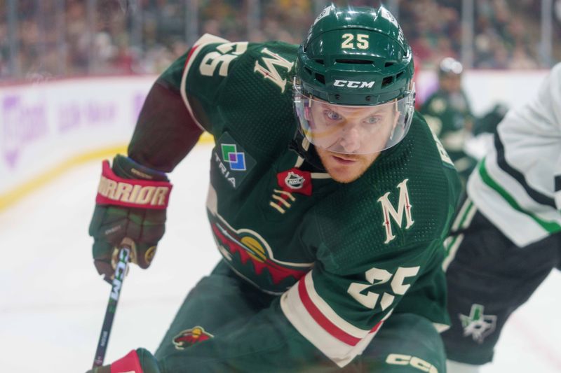 Nov 12, 2023; Saint Paul, Minnesota, USA; Minnesota Wild defenseman Jonas Brodin (25) in action against the Dallas Stars in the first period at Xcel Energy Center. Mandatory Credit: Matt Blewett-USA TODAY Sports