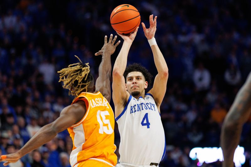 Feb 11, 2025; Lexington, Kentucky, USA; Kentucky Wildcats guard Koby Brea (4) shoots the ball against Tennessee Volunteers guard Jahmai Mashack (15) during the second half at Rupp Arena at Central Bank Center. Mandatory Credit: Jordan Prather-Imagn Images