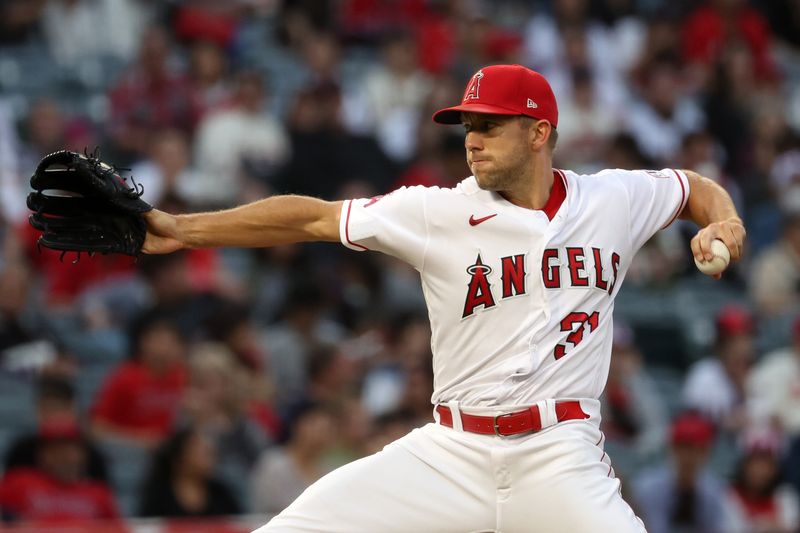 Sep 16, 2023; Anaheim, California, USA;  Los Angeles Angels starting pitcher Tyler Anderson (31) pitches during the first inning against the Detroit Tigers at Angel Stadium. Mandatory Credit: Kiyoshi Mio-USA TODAY Sports