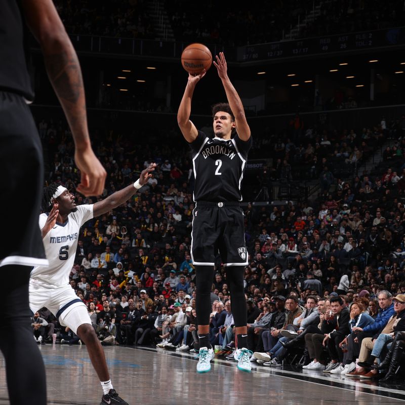 BROOKLYN, NY - MARCH 4: Cameron Johnson #2 of the Brooklyn Nets shoots a three point basket against the Memphis Grizzlies on March 4, 2024 at Barclays Center in Brooklyn, New York. NOTE TO USER: User expressly acknowledges and agrees that, by downloading and or using this Photograph, user is consenting to the terms and conditions of the Getty Images License Agreement. Mandatory Copyright Notice: Copyright 2024 NBAE (Photo by Nathaniel S. Butler/NBAE via Getty Images)