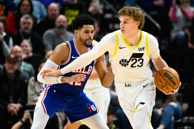 SALT LAKE CITY, UTAH - FEBRUARY 01: Lauri Markkanen #23 of the Utah Jazz drives against Tobias Harris #12 of the Philadelphia 76ers during the second half at Delta Center on February 01, 2024 in Salt Lake City, Utah. NOTE TO USER: User expressly acknowledges and agrees that, by downloading and or using this photograph, User is consenting to the terms and conditions of the Getty Images License Agreement. (Photo by Alex Goodlett/Getty Images)