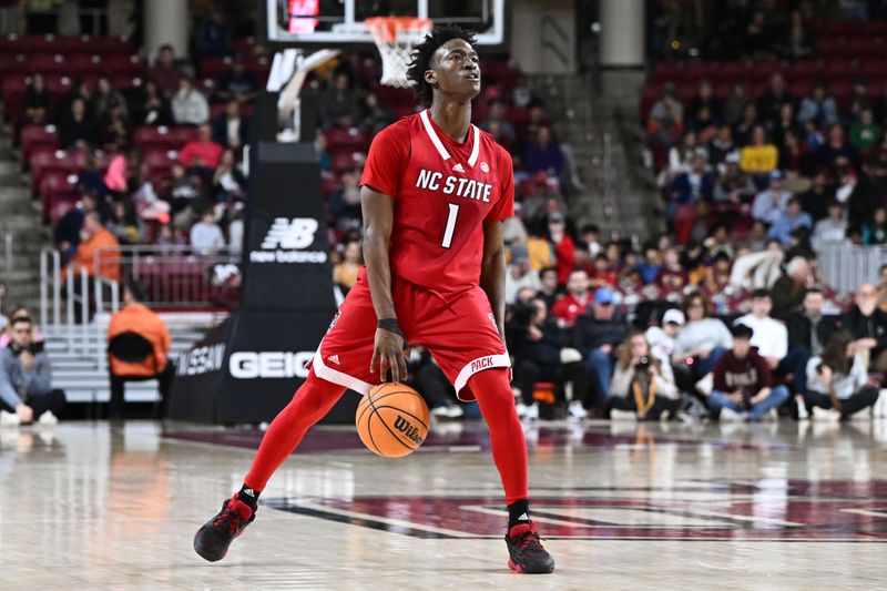 Feb 11, 2023; Chestnut Hill, Massachusetts, USA; North Carolina State Wolfpack guard Jarkel Joiner (1) dribbles the ball against the Boston College Eagles during the second half at the Conte Forum. Mandatory Credit: Brian Fluharty-USA TODAY Sports