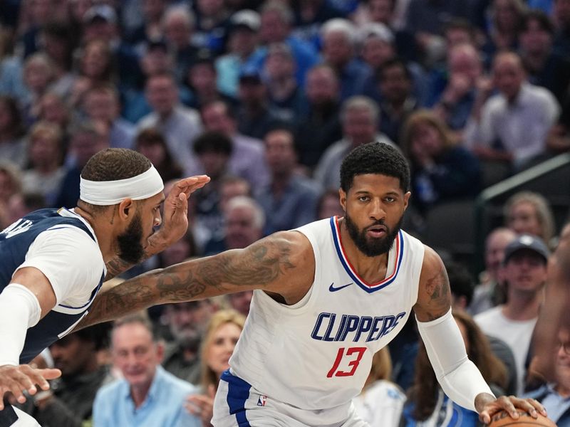 DALLAS, TX - APRIL 26: Paul George #13 of the LA Clippers dribbles the ball during the game against the Dallas Mavericks during Round 1 Game 3 of the 2024 NBA Playoffs on April 26, 2024 at the American Airlines Center in Dallas, Texas. NOTE TO USER: User expressly acknowledges and agrees that, by downloading and or using this photograph, User is consenting to the terms and conditions of the Getty Images License Agreement. Mandatory Copyright Notice: Copyright 2023 NBAE (Photo by Glenn James/NBAE via Getty Images)