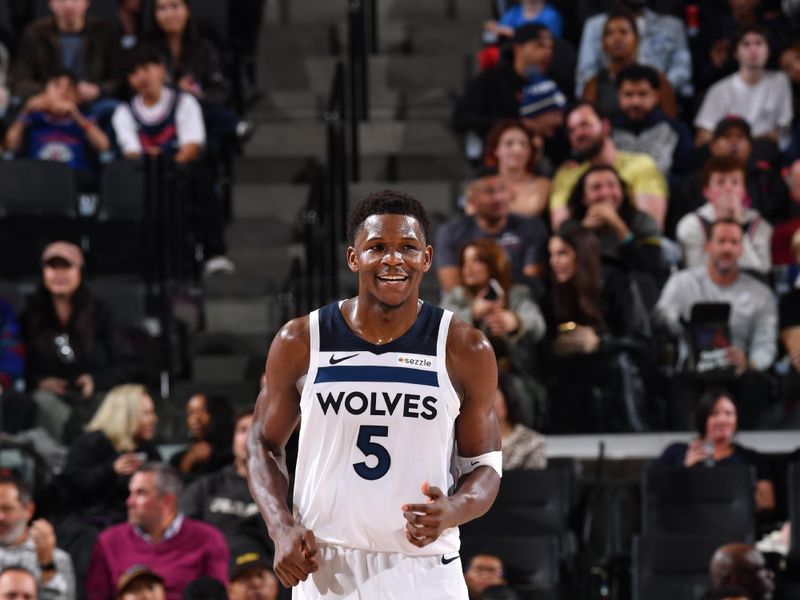 INGLEWOOD, CA - DECEMBER 4:  Anthony Edwards #5 of the Minnesota Timberwolves smiles during the game against the LA Clippers during a regular season game on December 4, 2024 at Intuit Dome in Los Angeles, California. NOTE TO USER: User expressly acknowledges and agrees that, by downloading and/or using this Photograph, user is consenting to the terms and conditions of the Getty Images License Agreement. Mandatory Copyright Notice: Copyright 2024 NBAE (Photo by Juan Ocampo/NBAE via Getty Images)